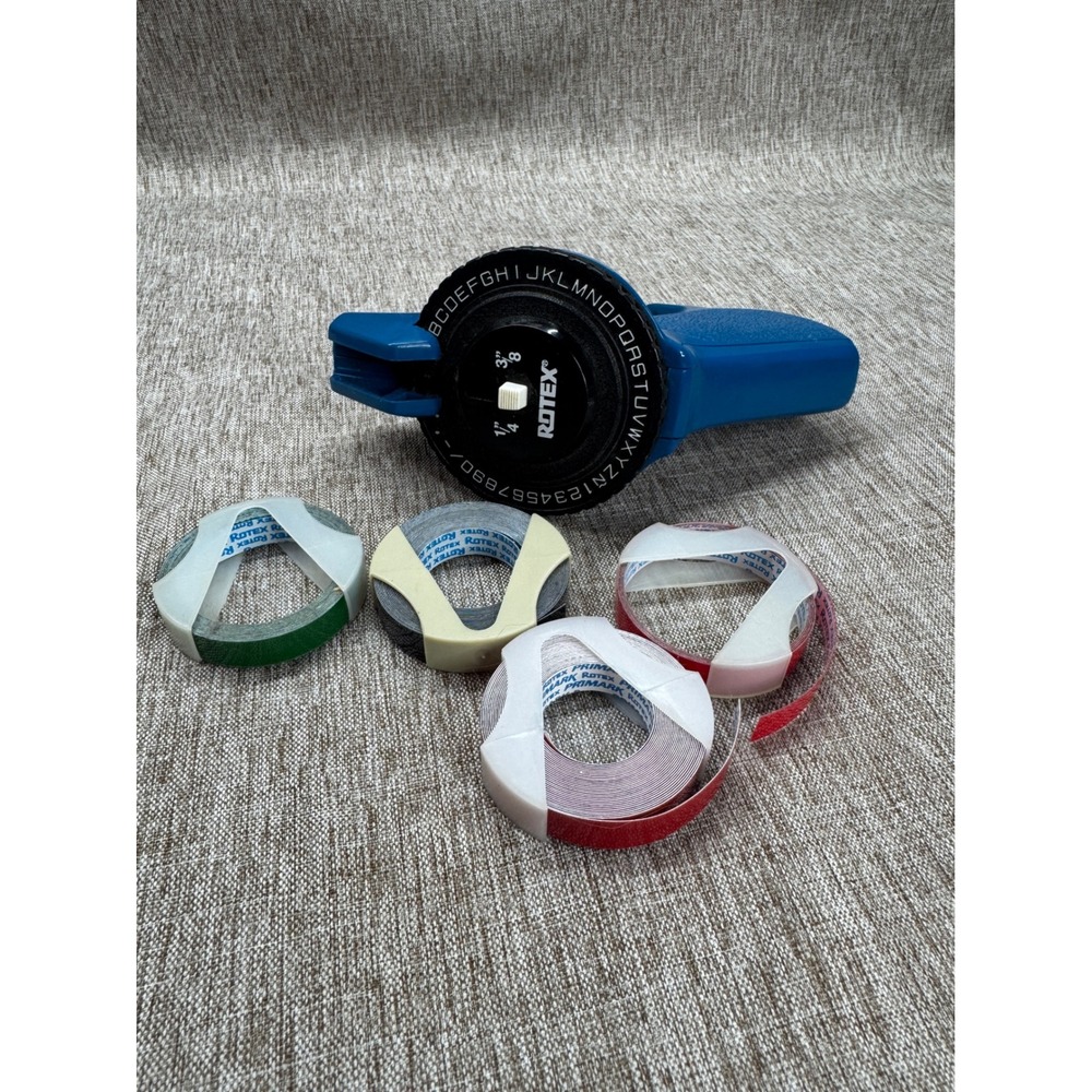 Rotex Vintage Blue Handheld Manual Embossing Label Maker with 4 Rolls of Tape